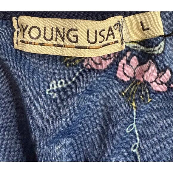 Young USA Navy Blue Floral Midi Dress Size L Elastic Waist Short Sleeve NWT - Picture 5 of 10